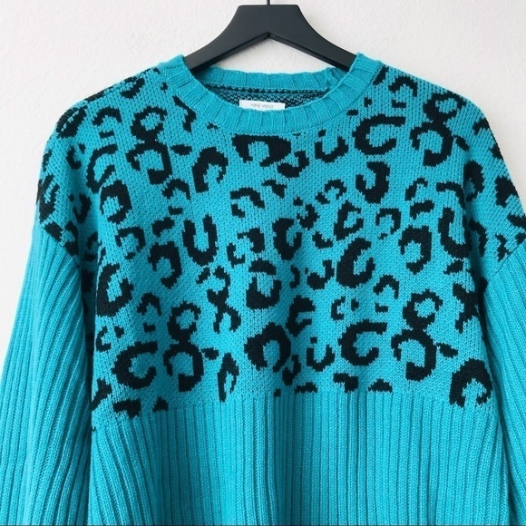 New! Nine West Leopard Cheetah Chunky Knit Ribbed Teal Black Crewneck Sweater - Picture 5 of 10